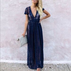 Navy Blue Lace Maxi Dress